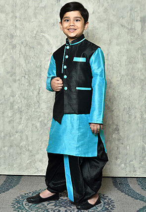 Contrast Trim Dupion Dhoti Kurta Jacket in Light Blue and Black