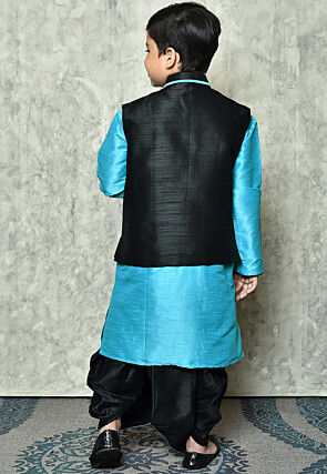 Contrast Trim Dupion Dhoti Kurta Jacket in Light Blue and Black