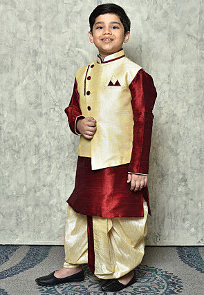 Contrast Trim Dupion Dhoti Kurta Jacket in Maroon and Beige