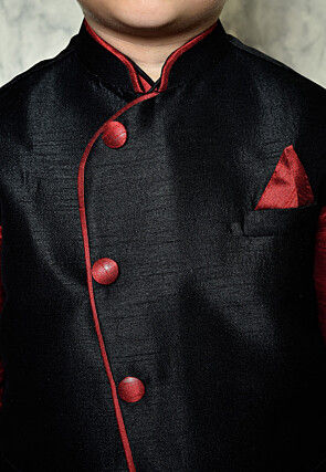Contrast Trim Dupion Dhoti Kurta Jacket in Maroon and Black