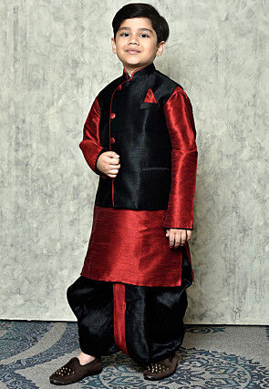 Contrast Trim Dupion Dhoti Kurta Jacket in Maroon and Black