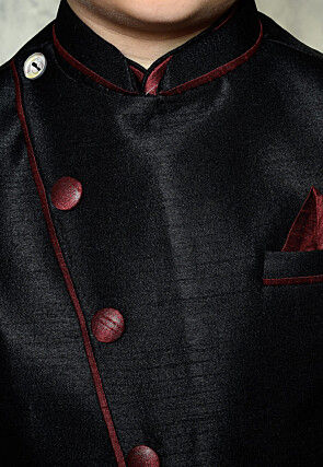 Contrast Trim Dupion Dhoti Kurta Jacket in Maroon and Black