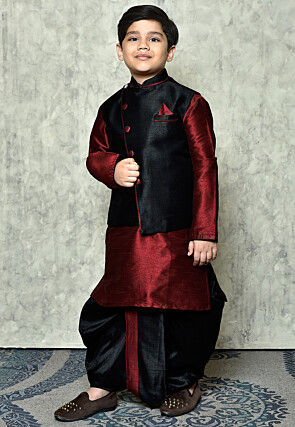 Contrast Trim Dupion Dhoti Kurta Jacket in Maroon and Black