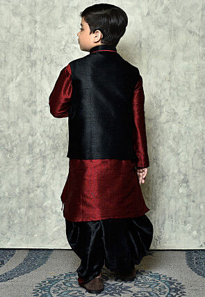 Contrast Trim Dupion Dhoti Kurta Jacket in Maroon and Black