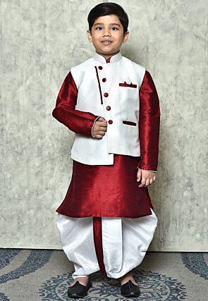 Contrast Trim Dupion Dhoti Kurta Jacket in Maroon and White