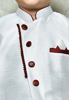 Contrast Trim Dupion Dhoti Kurta Jacket in Maroon and White