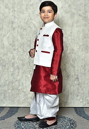 Contrast Trim Dupion Dhoti Kurta Jacket in Maroon and White