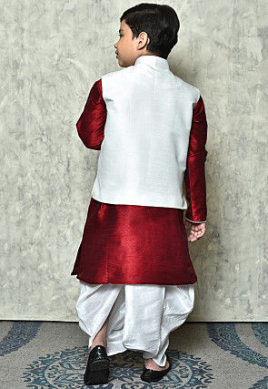 Contrast Trim Dupion Dhoti Kurta Jacket in Maroon and White