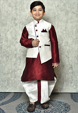 Contrast Trim Dupion Dhoti Kurta Jacket in Maroon and White