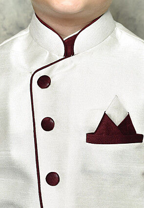 Contrast Trim Dupion Dhoti Kurta Jacket in Maroon and White