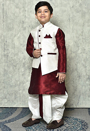 Contrast Trim Dupion Dhoti Kurta Jacket in Maroon and White