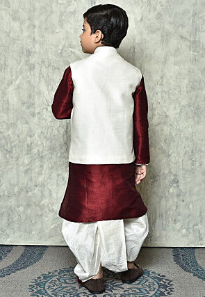 Contrast Trim Dupion Dhoti Kurta Jacket in Maroon and White