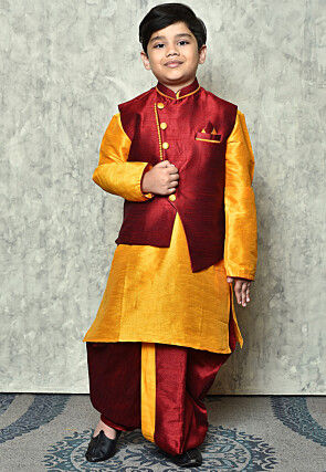 Contrast Trim Dupion Dhoti Kurta Jacket in Mustard and Maroon