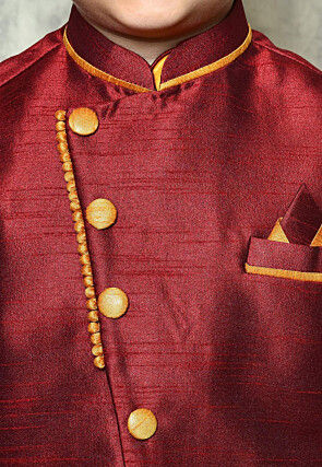 Contrast Trim Dupion Dhoti Kurta Jacket in Mustard and Maroon