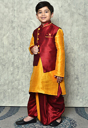 Contrast Trim Dupion Dhoti Kurta Jacket in Mustard and Maroon
