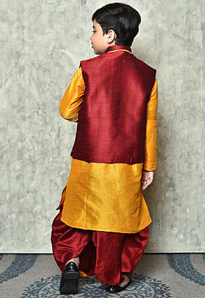 Contrast Trim Dupion Dhoti Kurta Jacket in Mustard and Maroon