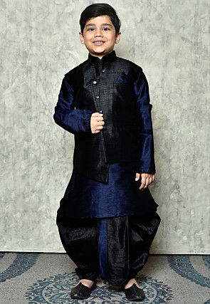 Contrast Trim Dupion Dhoti Kurta Jacket in Navy Blue and Black