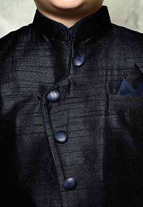 Contrast Trim Dupion Dhoti Kurta Jacket in Navy Blue and Black