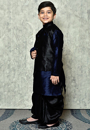 Contrast Trim Dupion Dhoti Kurta Jacket in Navy Blue and Black