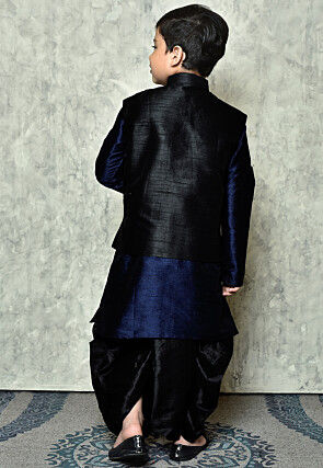 Contrast Trim Dupion Dhoti Kurta Jacket in Navy Blue and Black