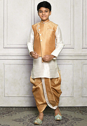 Contrast Trim Dupion Dhoti Kurta Jacket in Off White and Beige