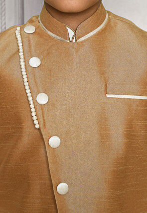 Contrast Trim Dupion Dhoti Kurta Jacket in Off White and Beige