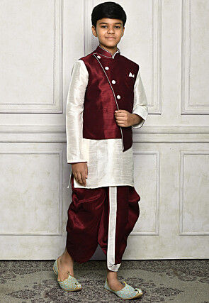 Contrast Trim Dupion Dhoti Kurta Jacket in Off White and Maroon