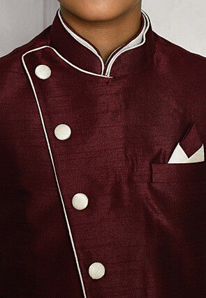Contrast Trim Dupion Dhoti Kurta Jacket in Off White and Maroon