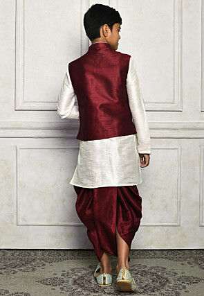 Contrast Trim Dupion Dhoti Kurta Jacket in Off White and Maroon