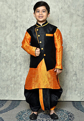 Contrast Trim Dupion Dhoti Kurta Jacket in Orange and Black