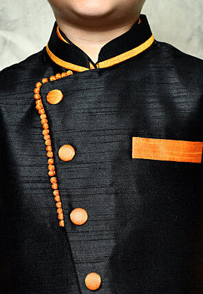Contrast Trim Dupion Dhoti Kurta Jacket in Orange and Black