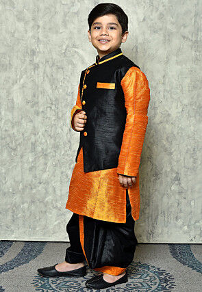 Contrast Trim Dupion Dhoti Kurta Jacket in Orange and Black