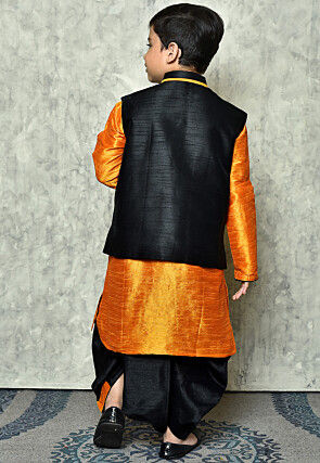 Contrast Trim Dupion Dhoti Kurta Jacket in Orange and Black