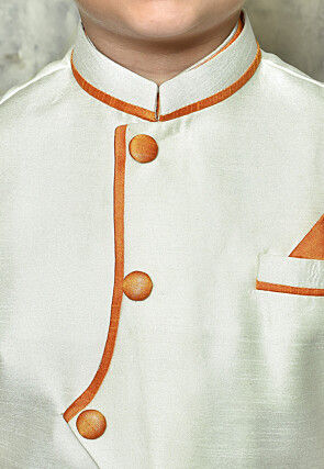 Contrast Trim Dupion Dhoti Kurta Jacket in Orange and White