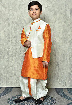 Contrast Trim Dupion Dhoti Kurta Jacket in Orange and White