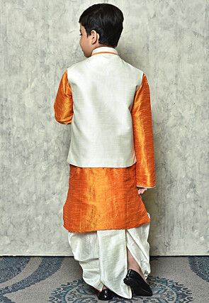 Contrast Trim Dupion Dhoti Kurta Jacket in Orange and White