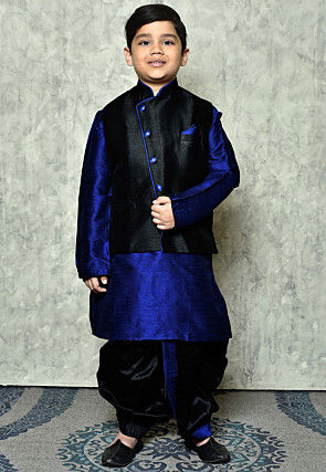 Contrast Trim Dupion Dhoti Kurta Jacket in Royal Blue and Black