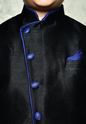 Contrast Trim Dupion Dhoti Kurta Jacket in Royal Blue and Black