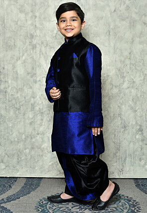 Contrast Trim Dupion Dhoti Kurta Jacket in Royal Blue and Black