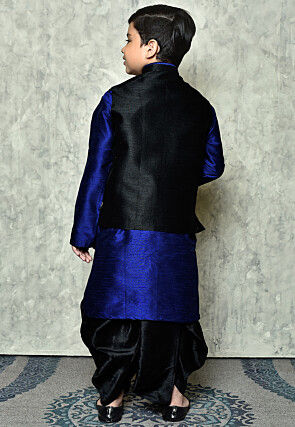 Contrast Trim Dupion Dhoti Kurta Jacket in Royal Blue and Black