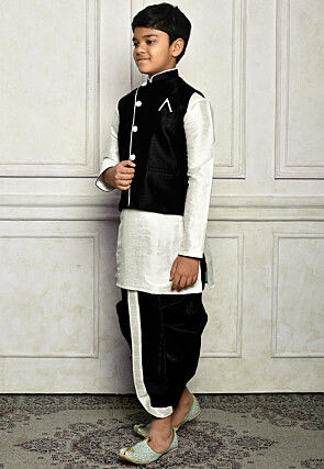 Contrast Trim Dupion Dhoti Kurta Jacket in White and Black