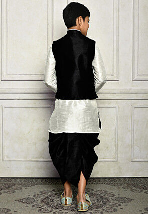 Contrast Trim Dupion Dhoti Kurta Jacket in White and Black