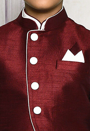 Contrast Trim Dupion Dhoti Kurta Jacket in White and Maroon