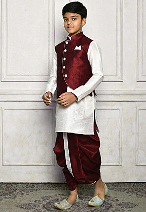 Contrast Trim Dupion Dhoti Kurta Jacket in White and Maroon