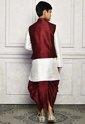 Contrast Trim Dupion Dhoti Kurta Jacket in White and Maroon