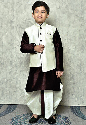 Contrast Trim Dupion Dhoti Kurta Jacket in Wine and Off White