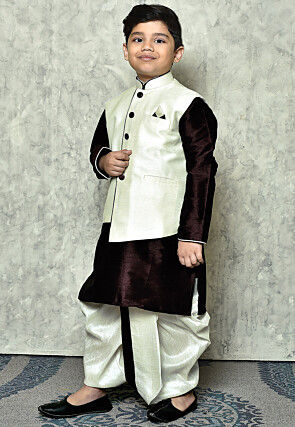 Contrast Trim Dupion Dhoti Kurta Jacket in Wine and Off White