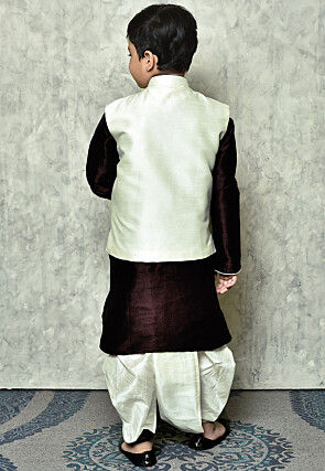 Contrast Trim Dupion Dhoti Kurta Jacket in Wine and Off White
