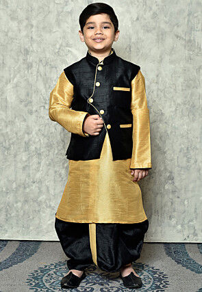 Contrast Trim Dupion Dhoti Kurta Jacket Set in Beige and Black