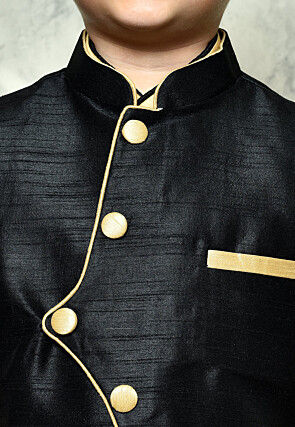 Contrast Trim Dupion Dhoti Kurta Jacket Set in Beige and Black